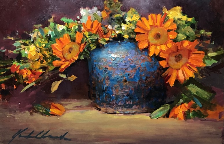 Blue and Orange Daisies 8x12 $495 at Hunter Wolff Gallery